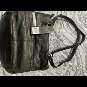 Black shoulder bag with silver accent. Genuine leather. NWT.